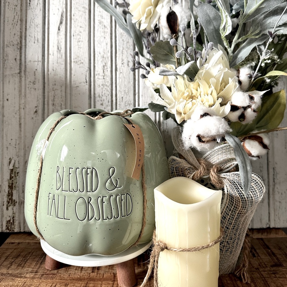 Rae Dunn “Blessed & Fall Obsessed” Pumpkin plant holder or center display.